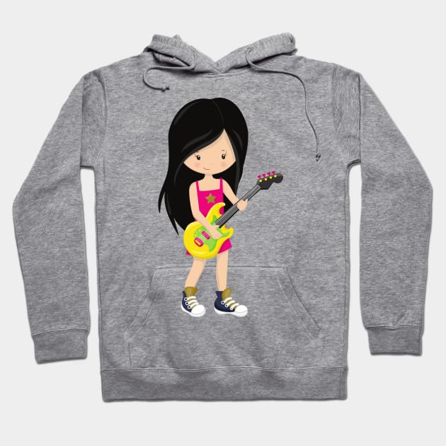 Rock Girl, Black Hair, Band, Music, Guitar Player Hoodie by Jelena Dunčević